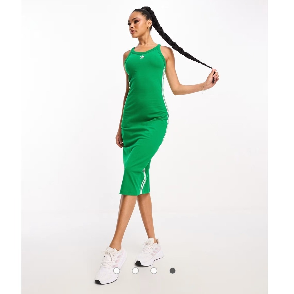 Adidas Originals Long Tank Dress Green White 3-Stripe Racerback Midi Size M - Picture 2 of 8